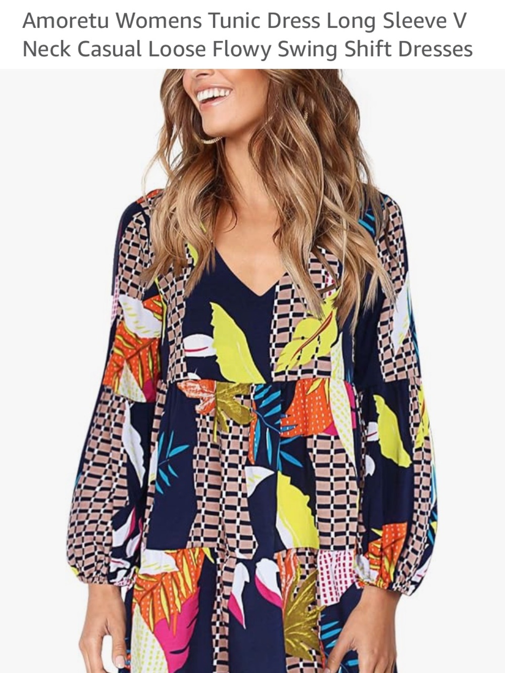 Amoretu Multicolor Plaid Floral Swing Dress L Navy Long Sleeve Boho